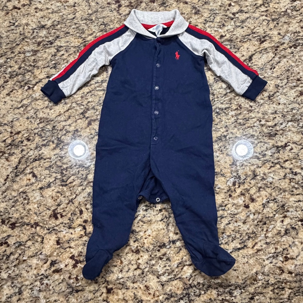 Ralph Lauren Baby Boy Navy Gray Red Footed Coverall Romper 6M ws